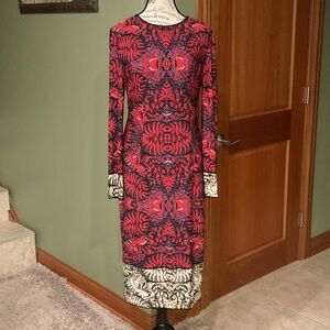 Maggy London Vibrant Red and Blue Long Sleeve Dress, Sz 10